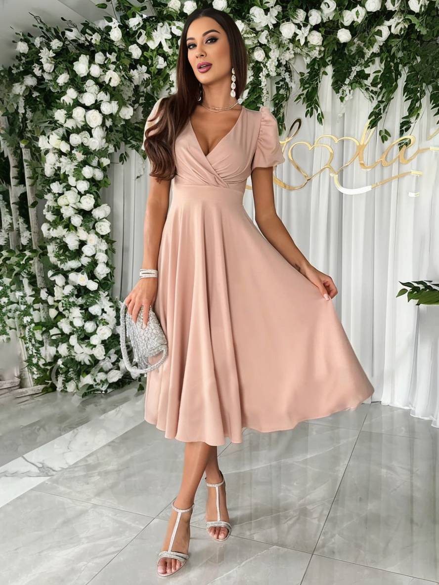 Abito da donna Julie - Elegante abito da damigella con scollo a V, maniche corte a sbuffo e vestibilità fluida