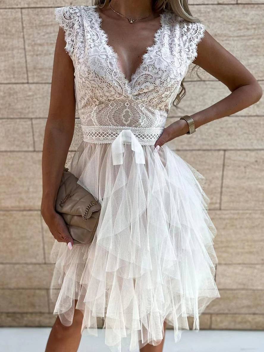Abito da cocktail da donna Wendy - Abito corto in tulle senza maniche con scollo a V e schiena scoperta