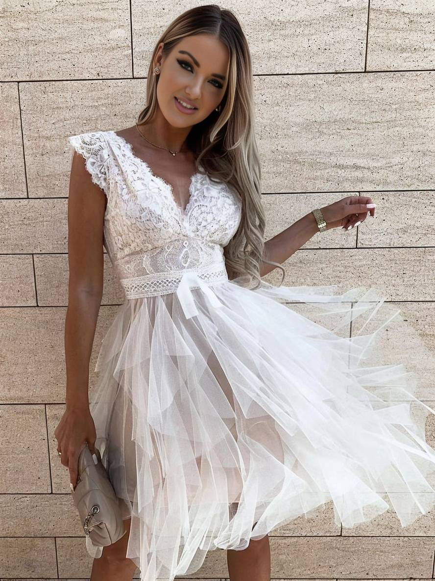 Abito da cocktail da donna Wendy - Abito corto in tulle senza maniche con scollo a V e schiena scoperta