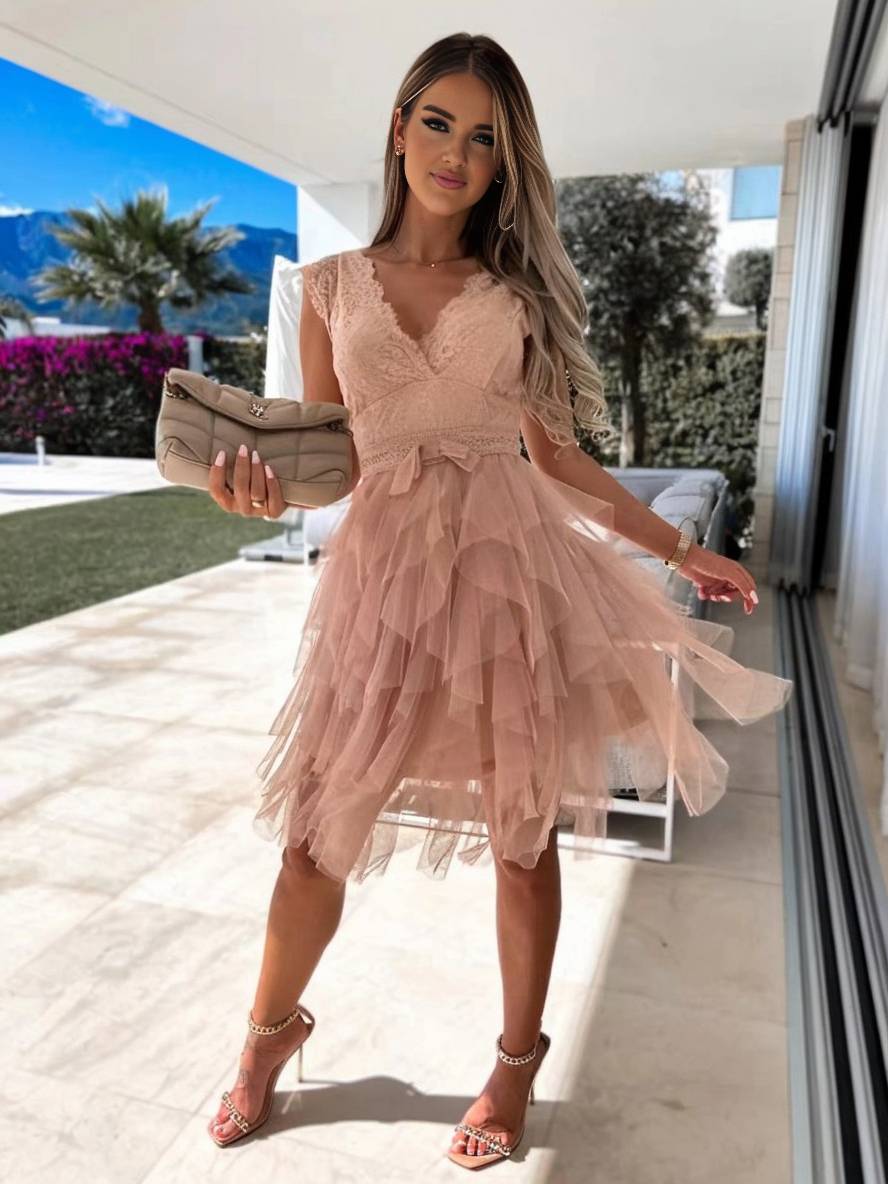 Abito da cocktail da donna Wendy - Abito corto in tulle senza maniche con scollo a V e schiena scoperta
