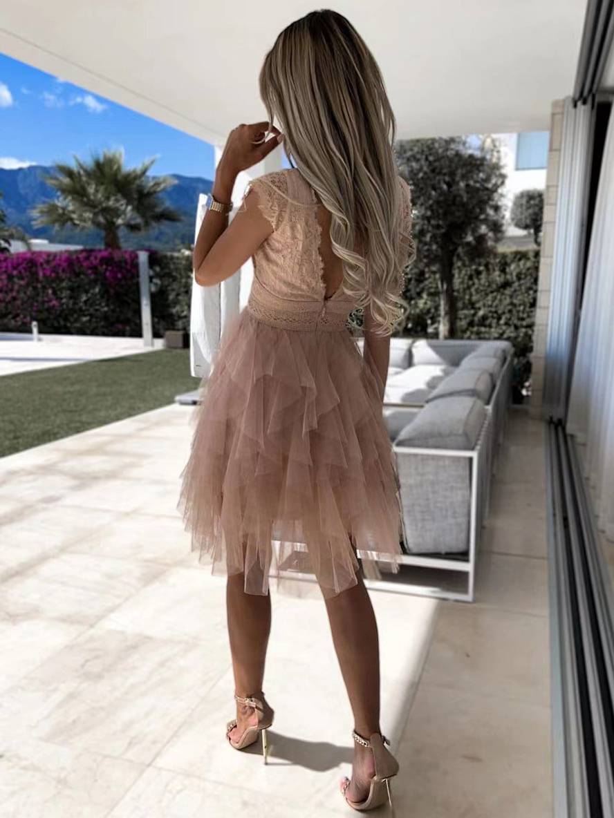 Abito da cocktail da donna Wendy - Abito corto in tulle senza maniche con scollo a V e schiena scoperta