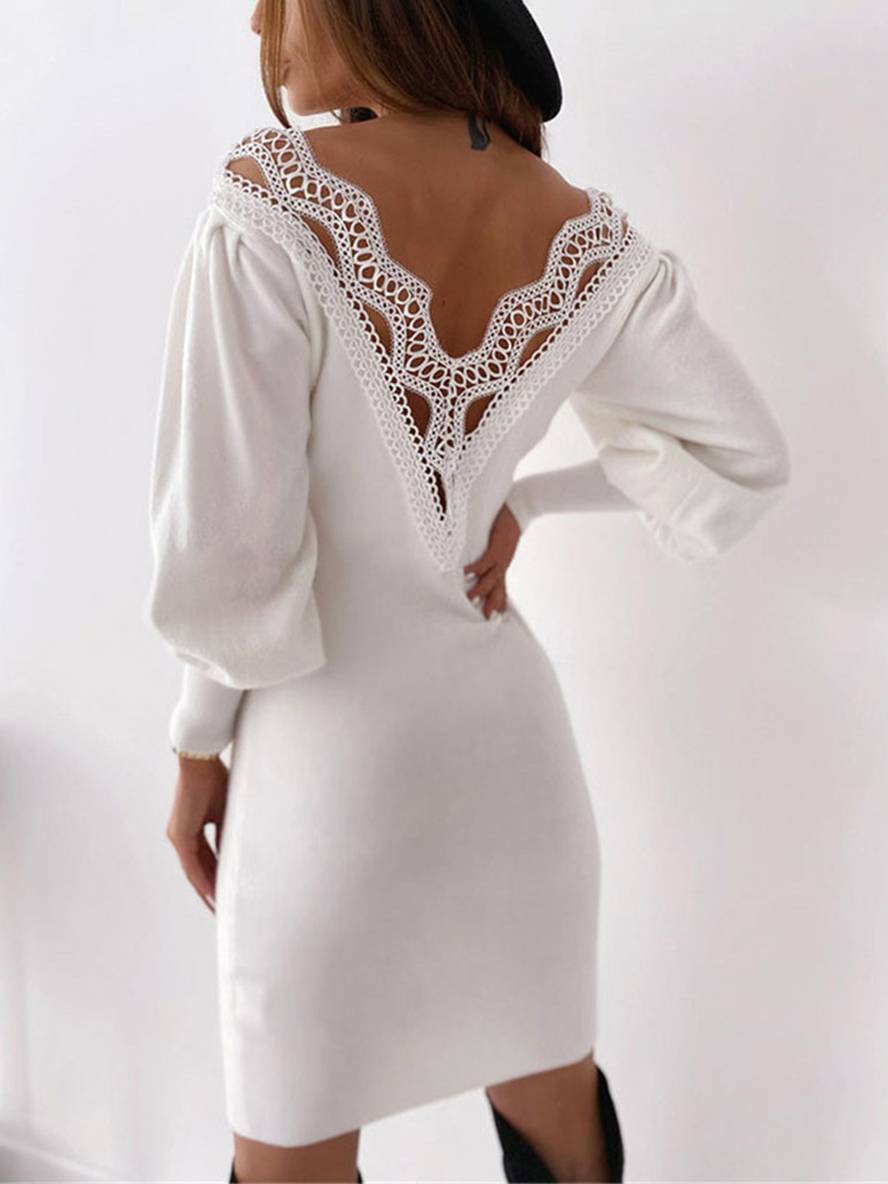 Abito da sera da donna Leanna - Abito corto aderente in pizzo con scollo a V e maniche lunghe a sbuffo