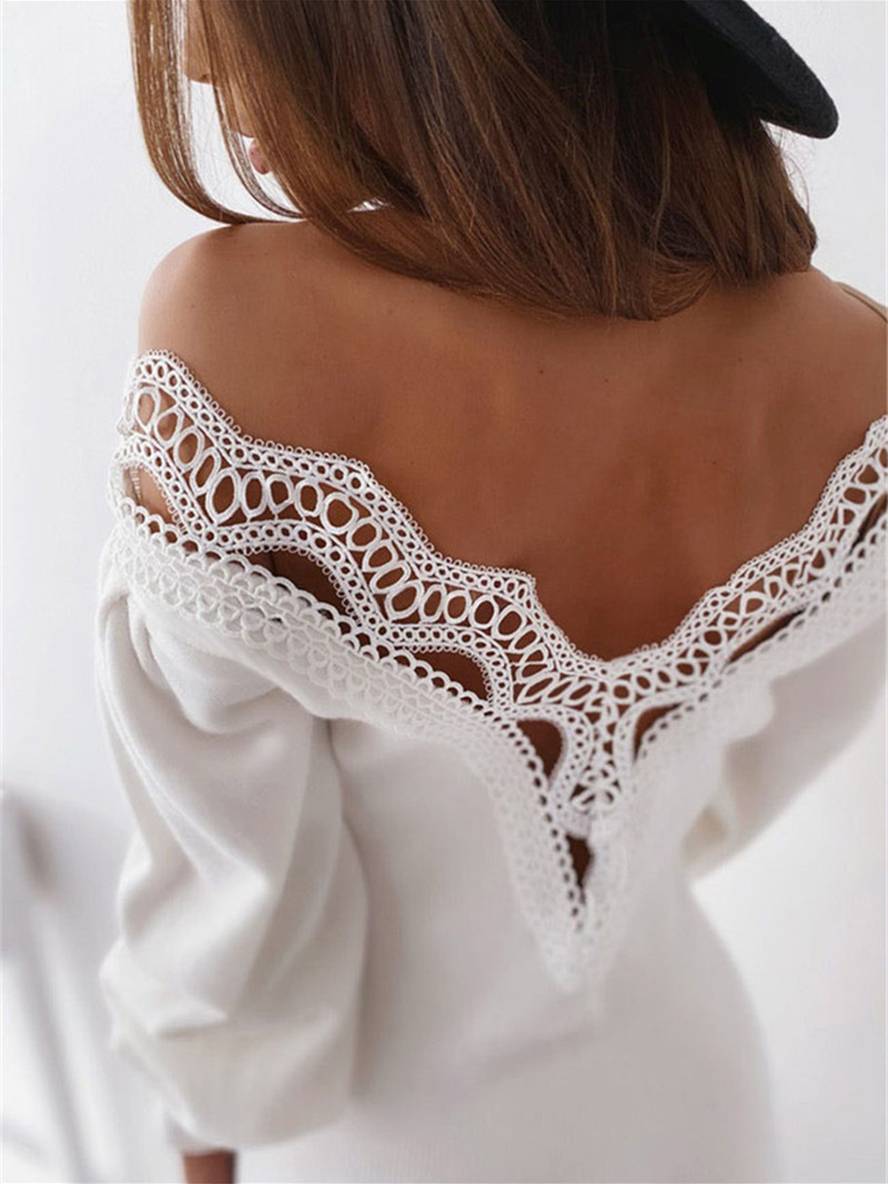 Abito da sera da donna Leanna - Abito corto aderente in pizzo con scollo a V e maniche lunghe a sbuffo