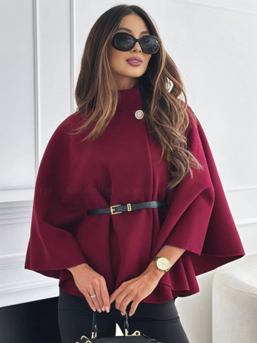 Poncho da donna Judith - Elegante cappotto corto con bottoni, cintura e maniche a pipistrello