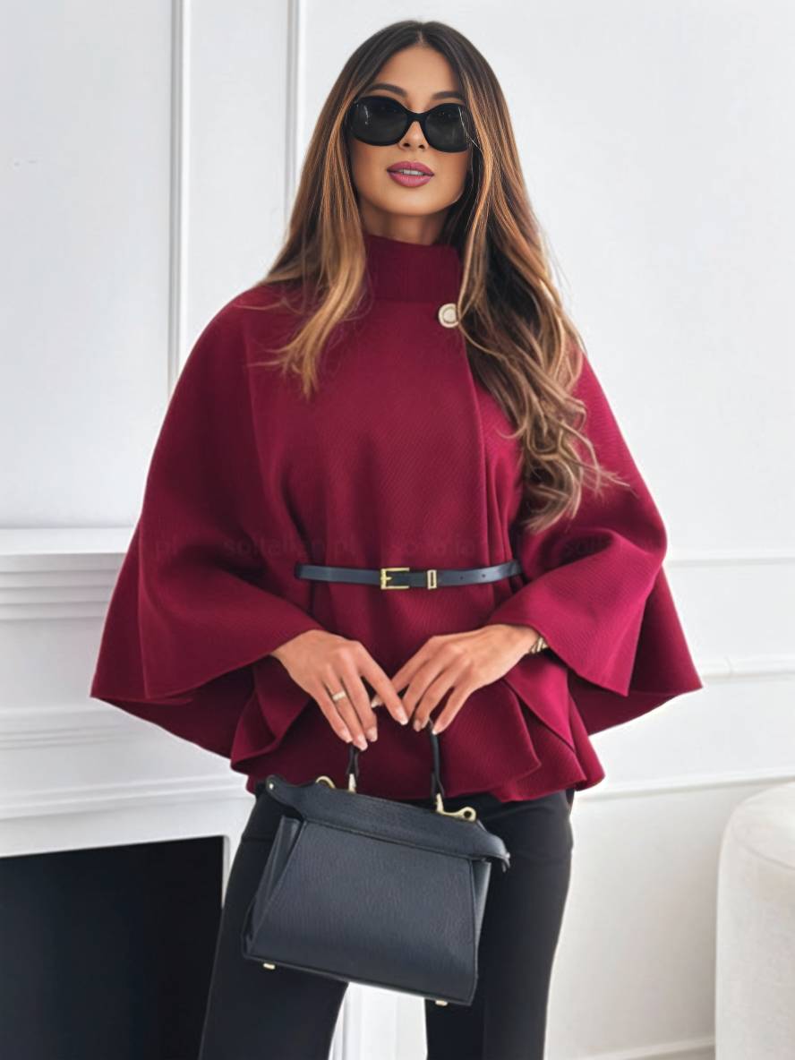 Poncho da donna Judith - Elegante cappotto corto con bottoni, cintura e maniche a pipistrello
