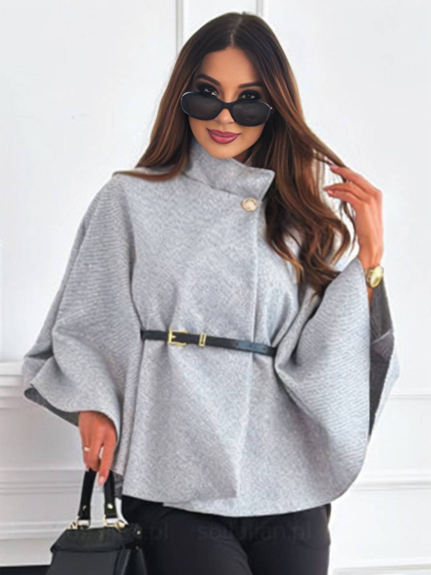 Poncho da donna Judith - Elegante cappotto corto con bottoni, cintura e maniche a pipistrello