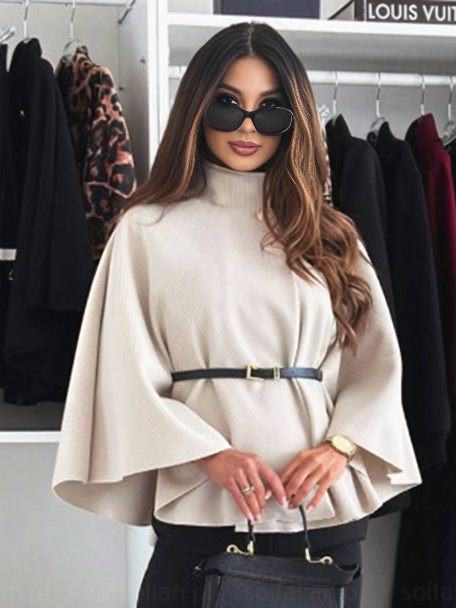 Poncho da donna Judith - Elegante cappotto corto con bottoni, cintura e maniche a pipistrello