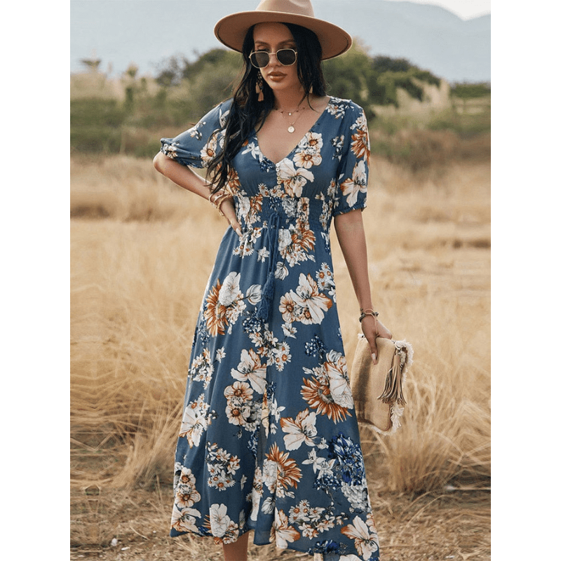 Abito lungo Cesia Looksy – Elegante scollo a V e leggera stampa floreale estiva