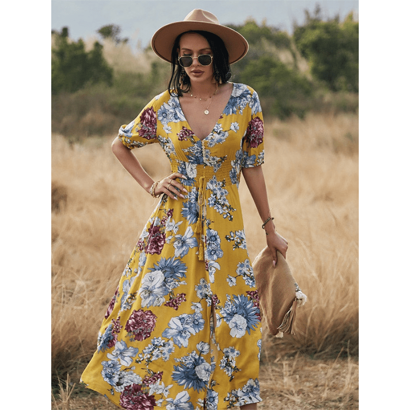 Abito lungo Cesia Looksy – Elegante scollo a V e leggera stampa floreale estiva