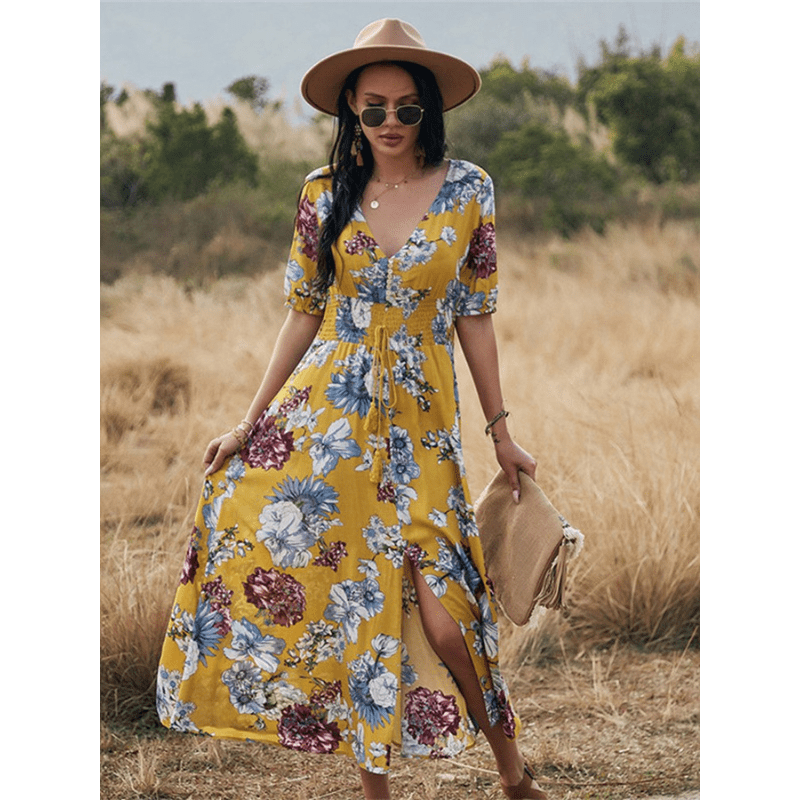 Abito lungo Cesia Looksy – Elegante scollo a V e leggera stampa floreale estiva