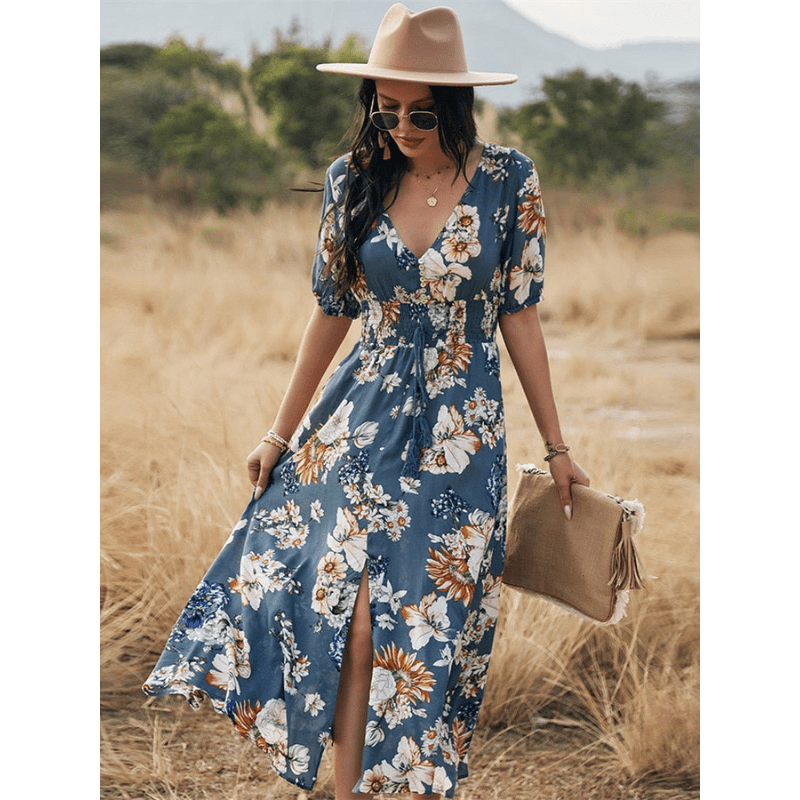 Abito lungo Cesia Looksy – Elegante scollo a V e leggera stampa floreale estiva