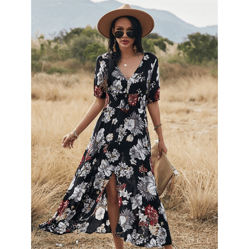 Abito lungo Cesia Looksy – Elegante scollo a V e leggera stampa floreale estiva