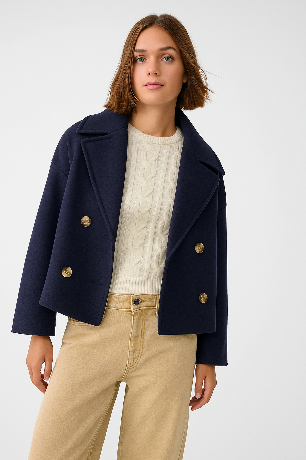 Noëlle Manteau Court Femme Double Boutonnage – Laine Mélangée & Style Élégant