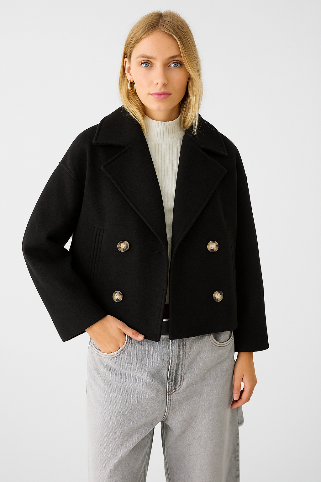Noëlle Manteau Court Femme Double Boutonnage – Laine Mélangée & Style Élégant