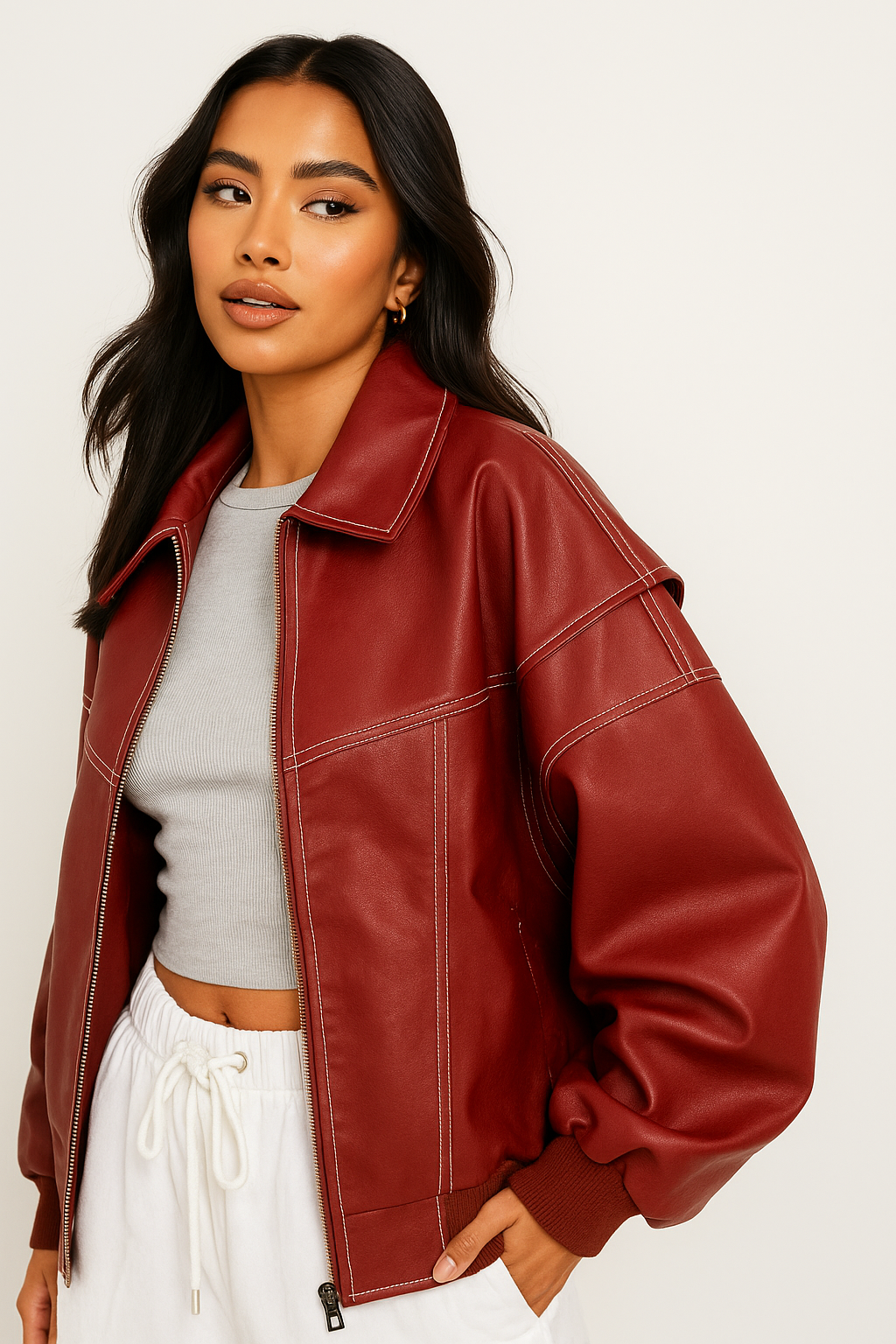 Zara Veste Femme en Cuir Rouge Oversize – Blouson Moderne Élégant & Confortable