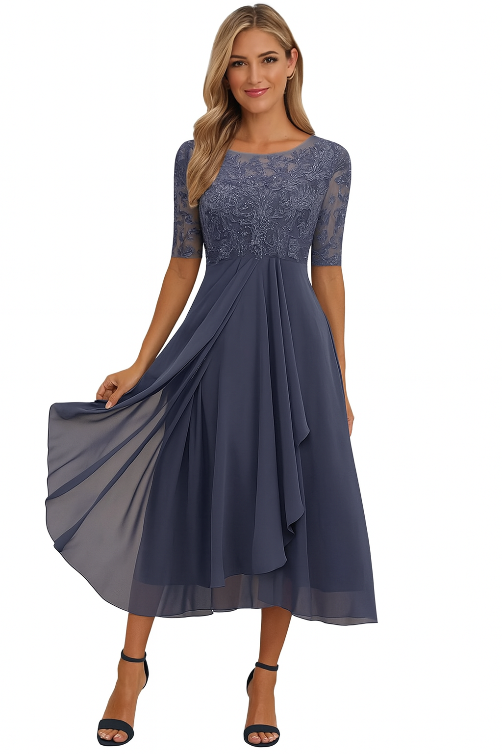 Abito elegante da donna Vera - Abito in pizzo e chiffon, a trapezio, maniche midi e corte