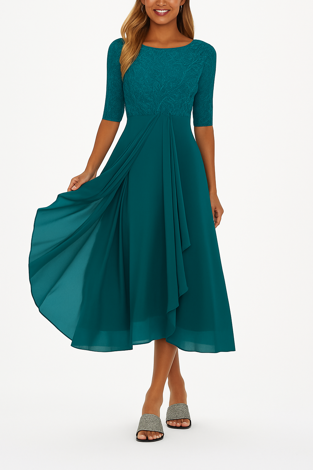 Abito elegante da donna Vera - Abito in pizzo e chiffon, a trapezio, maniche midi e corte