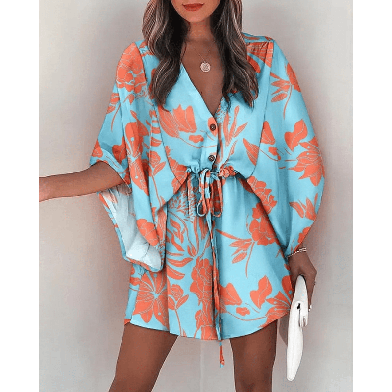 Mini abito estivo kimono a maniche corte con stampa floreale bohémien Cilla