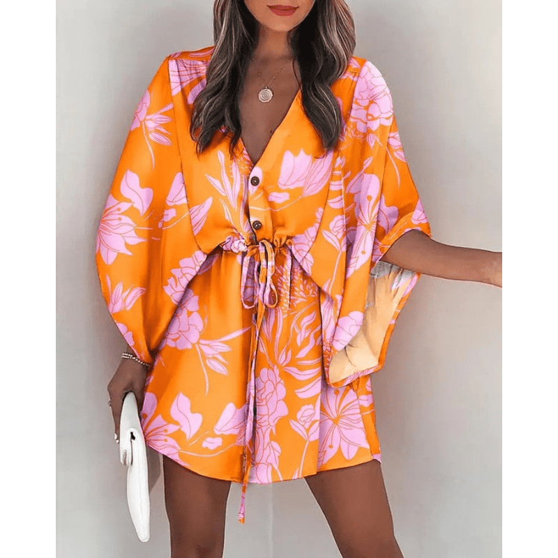 Mini abito estivo kimono a maniche corte con stampa floreale bohémien Cilla