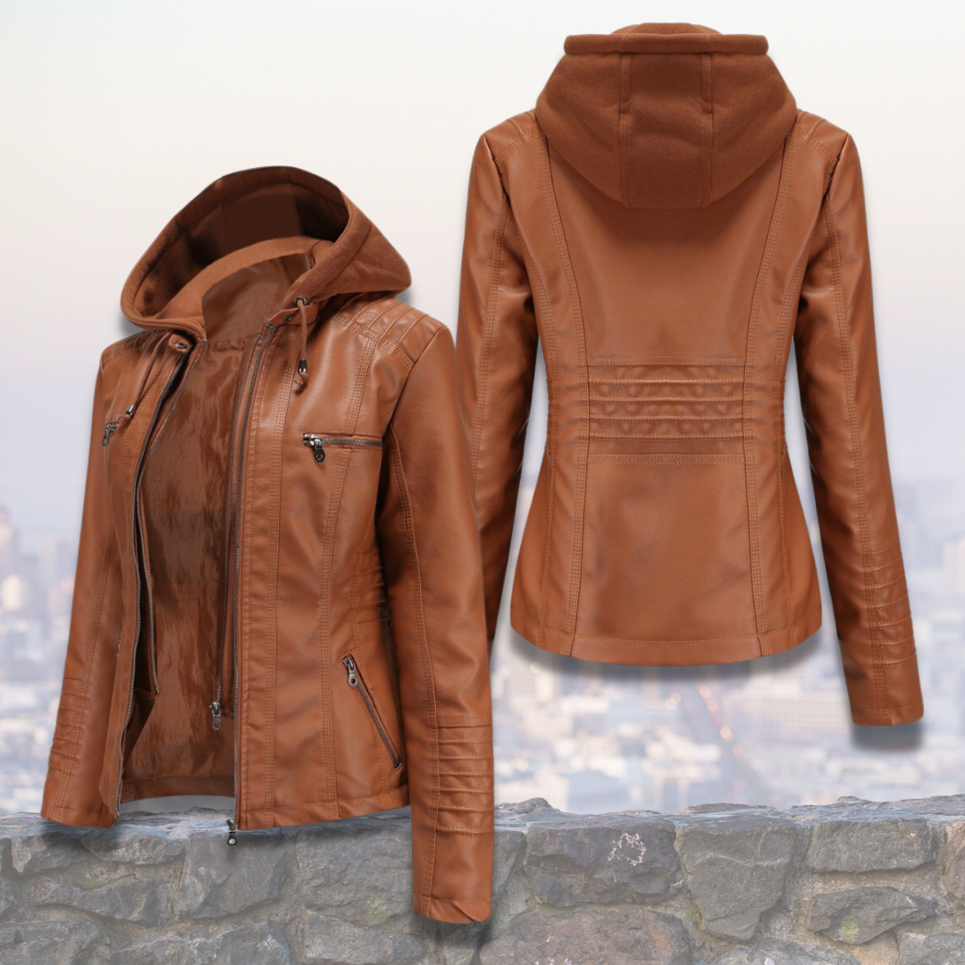Giacca in pelle da donna Xyla - Elegante con cappuccio, chiusura con zip e pratiche tasche