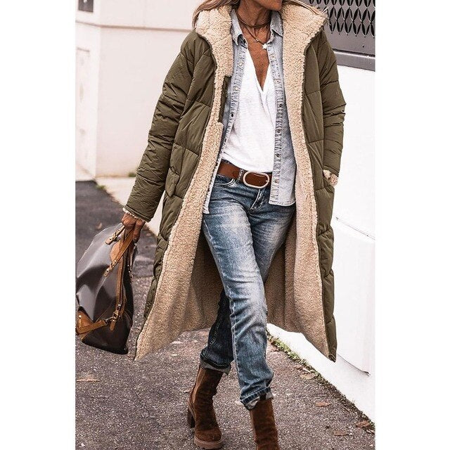 Rosalie Manteau Femme Hiver – Long Manteau Polaire Réversible avec Capuche Chaude et Chic