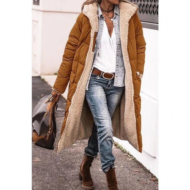 Rosalie Manteau Femme Hiver – Long Manteau Polaire Réversible avec Capuche Chaude et Chic