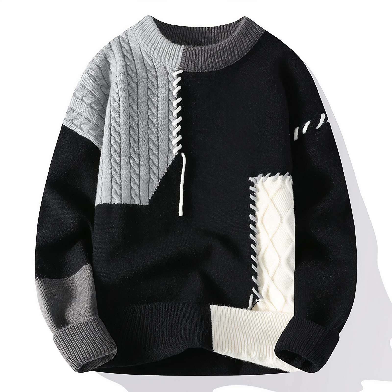Dave Pull Homme – Sweater Patchwork Tendance en Matière Douce pour Automne & Hiver
