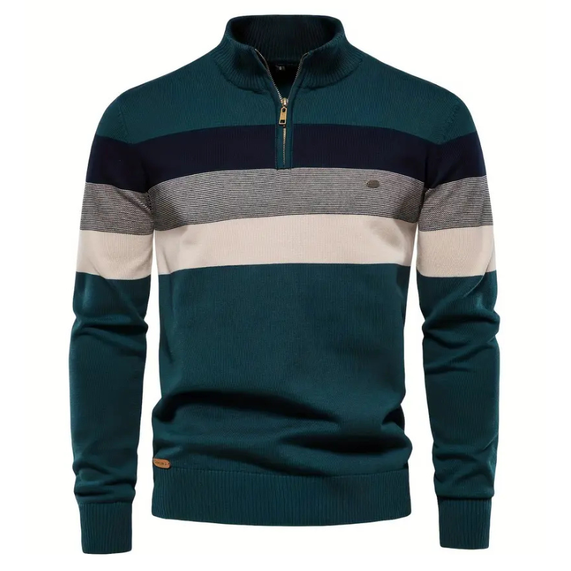 Liam Pull Homme à Rayures – Col Montant Zippé, Chaud & Confortable en Laine Polyester