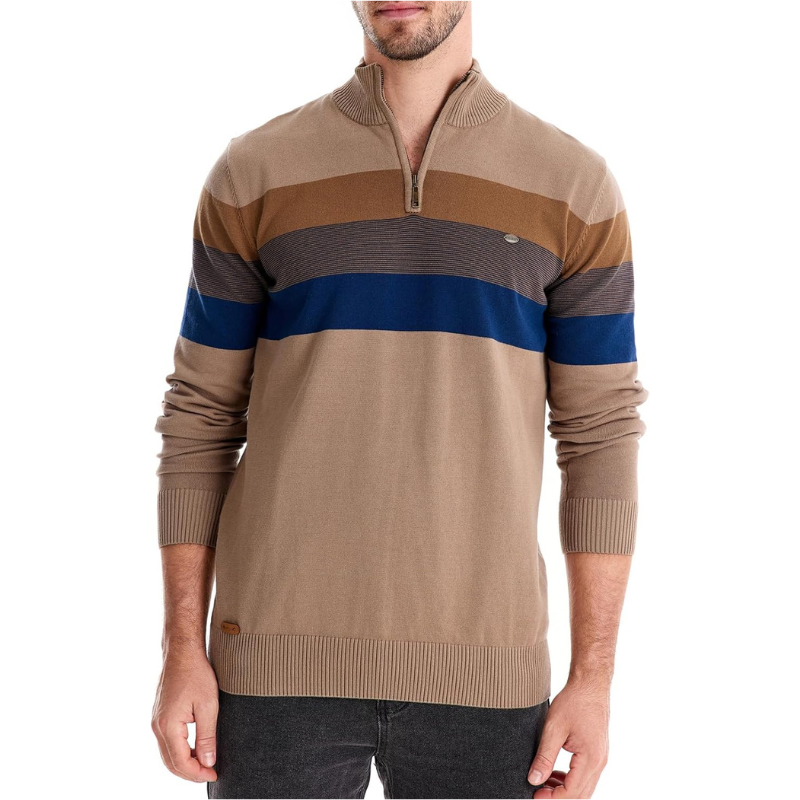 Liam Pull Homme à Rayures – Col Montant Zippé, Chaud & Confortable en Laine Polyester