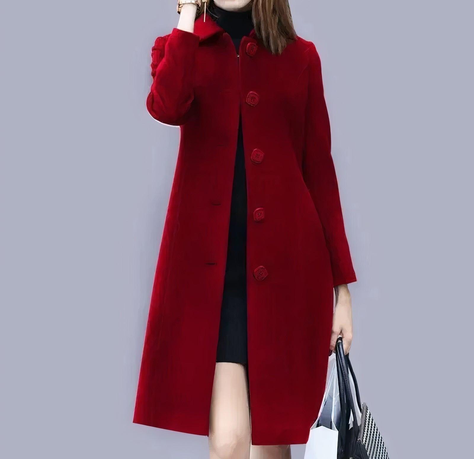 Cappotto elegante da donna Analia - Classico lungo con colletto chic, bottoni e vestibilità comoda