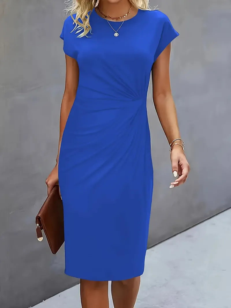 Amyrose Robe Midi Femme – Robe Cintrée Élégante à Col Rond & Coupe Ajustée pour Bureau ou Soirée
