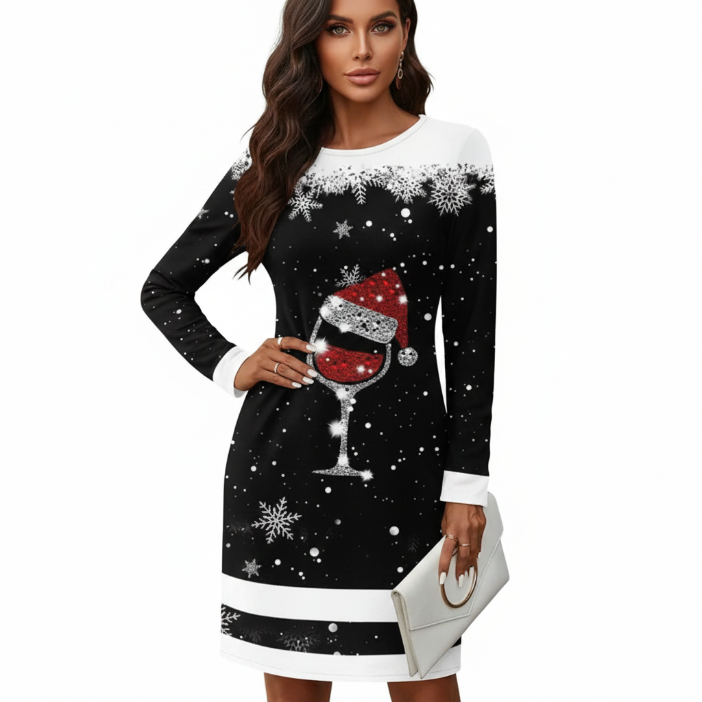 Esme Robe de Noël Femme – Robe Pull Festive avec Motif Père Noël & Verre à Vin