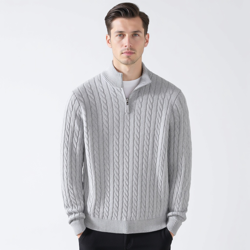 Pull Kiel Homme à Demi-Zip en Maille Torsadée – Pull Élégant à Col Montant en Mélange de Laine au Style Classique