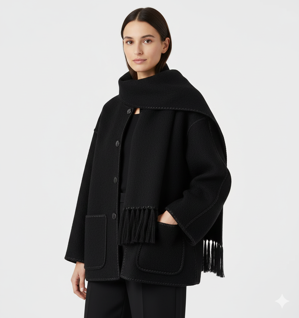 Georgie Manteau Femme avec Écharpe Intégrée – Veste Élégante Drapée en Matière Chaude