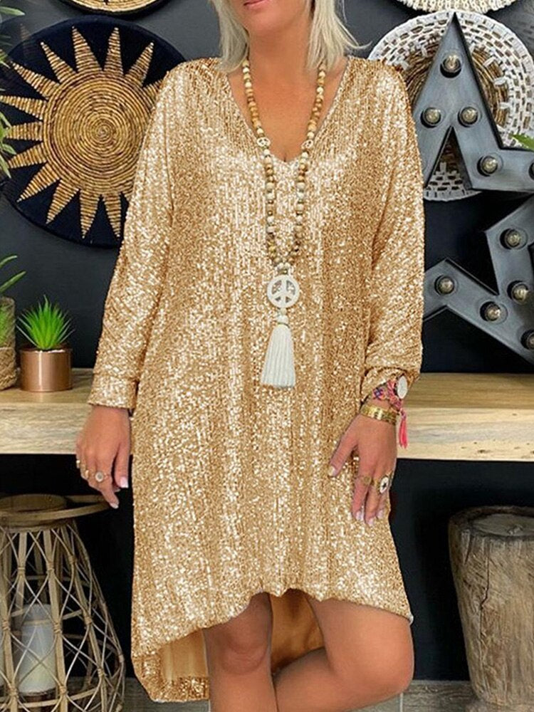 Natalie Robe de Soirée Femme – Robe Ample à Paillettes avec Manches Longues pour Soirées Élégantes