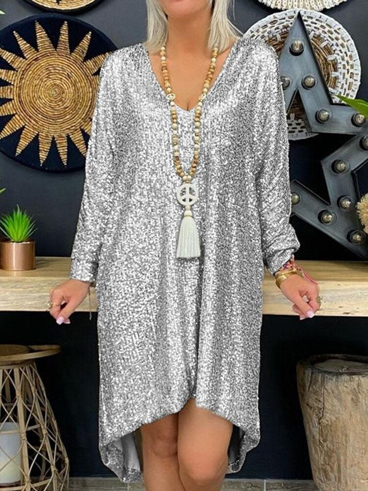 Natalie Robe de Soirée Femme – Robe Ample à Paillettes avec Manches Longues pour Soirées Élégantes