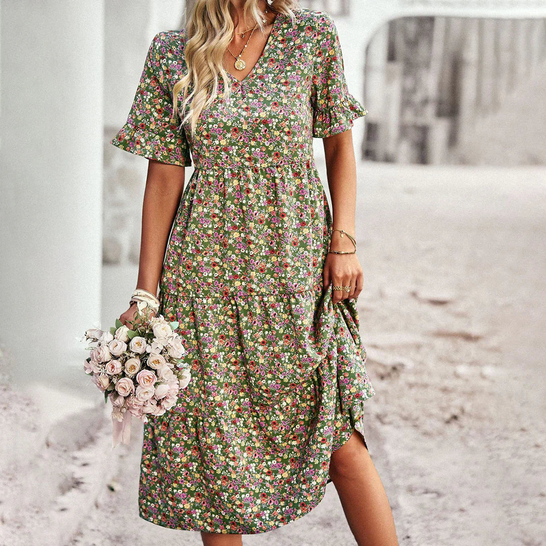 Abito midi da donna Celia - Abito floreale bohémien con taglio leggero e stile elegante