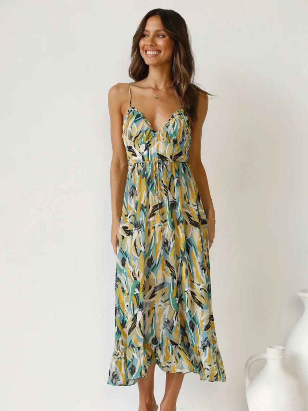 Abito lungo da donna Chloe: abito estivo leggero con stampa tropicale e spalline sottili lusinghiere