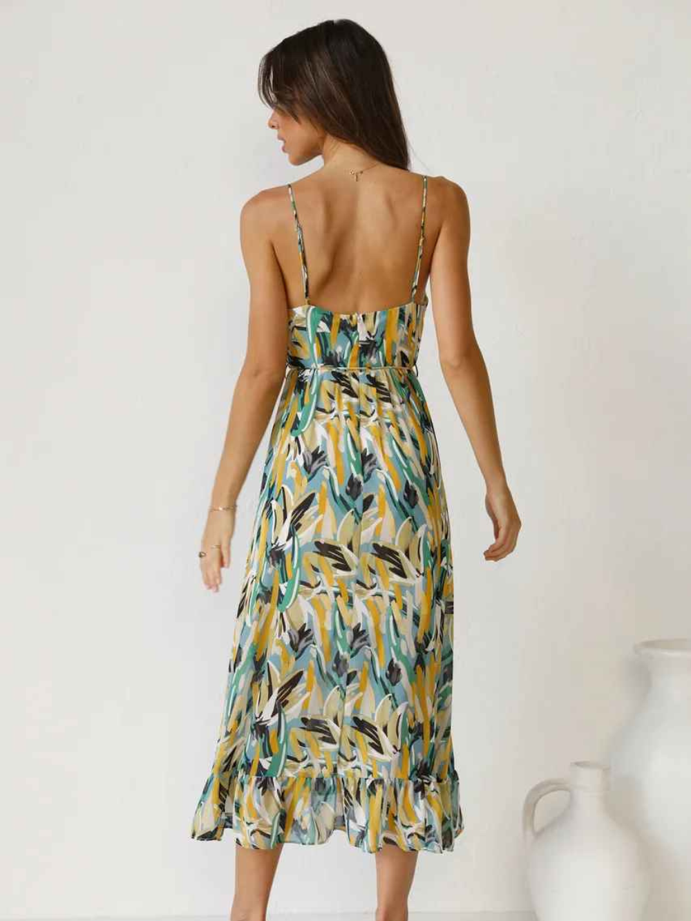 Abito lungo da donna Chloe: abito estivo leggero con stampa tropicale e spalline sottili lusinghiere
