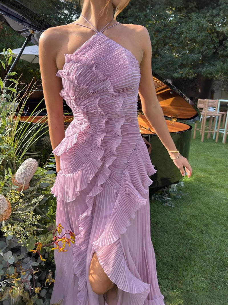 Abito lungo plissettato Guendalina – Eleganza con scollo all'americana per cerimonie ed eventi speciali