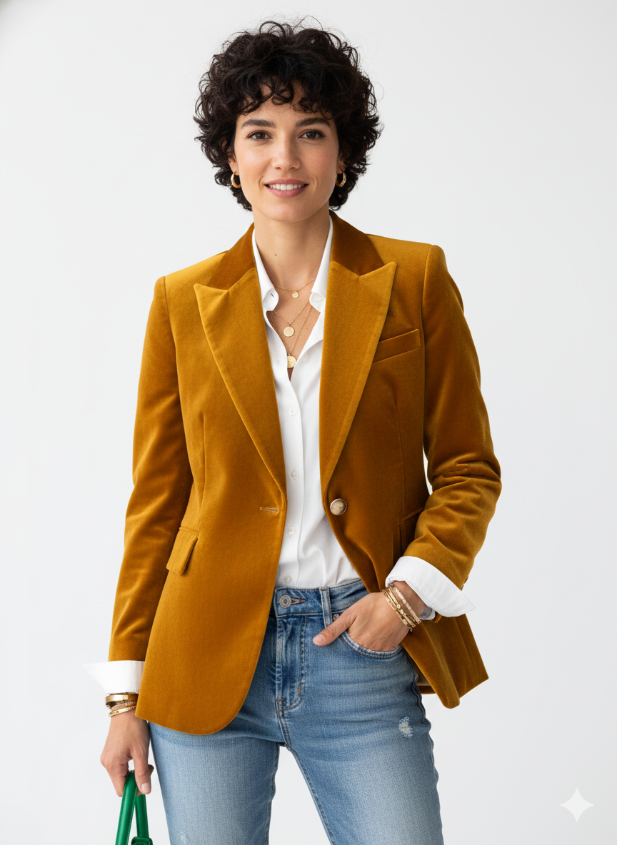 Haydee Blazer Velours Femme – Veste Chic Vert avec Boutons Dorés & Coupe Élégante