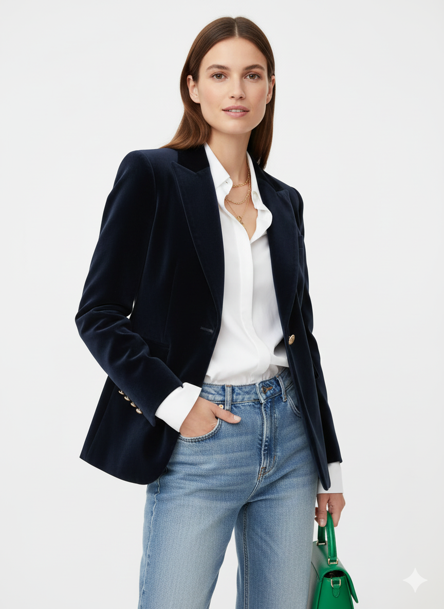 Haydee Blazer Velours Femme – Veste Chic Vert avec Boutons Dorés & Coupe Élégante