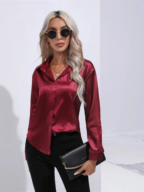 Camicetta in raso da donna Valérie - Elegante camicetta a maniche lunghe, vestibilità ampia e lucida