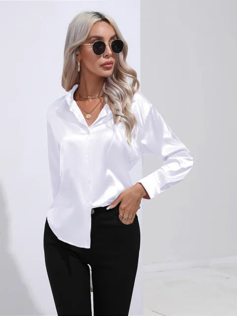 Camicetta in raso da donna Valérie - Elegante camicetta a maniche lunghe, vestibilità ampia e lucida