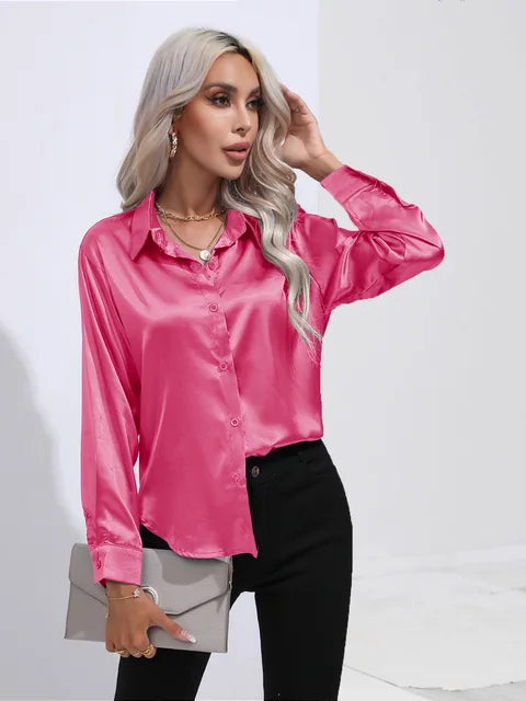 Camicetta in raso da donna Valérie - Elegante camicetta a maniche lunghe, vestibilità ampia e lucida