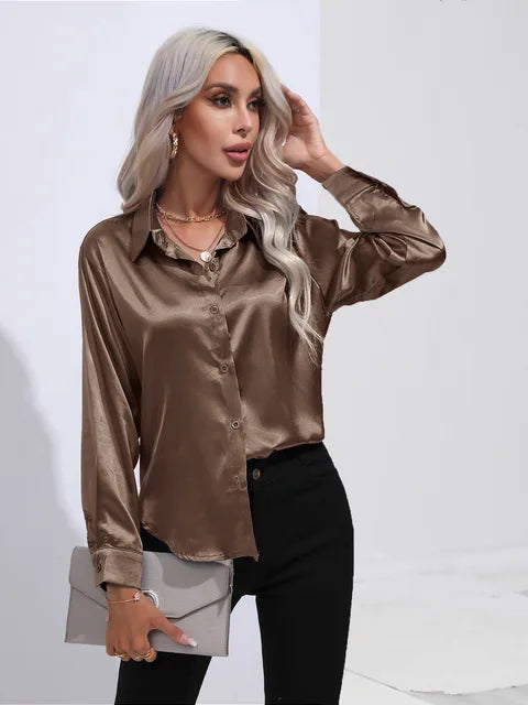 Camicetta in raso da donna Valérie - Elegante camicetta a maniche lunghe, vestibilità ampia e lucida