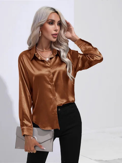 Camicetta in raso da donna Valérie - Elegante camicetta a maniche lunghe, vestibilità ampia e lucida
