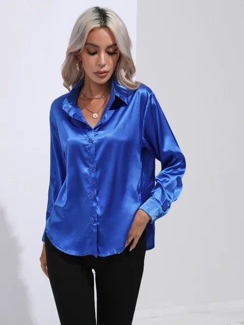 Camicetta in raso da donna Valérie - Elegante camicetta a maniche lunghe, vestibilità ampia e lucida