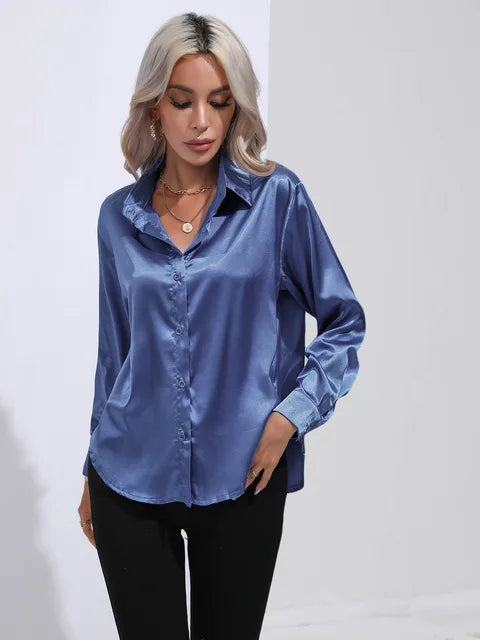 Camicetta in raso da donna Valérie - Elegante camicetta a maniche lunghe, vestibilità ampia e lucida