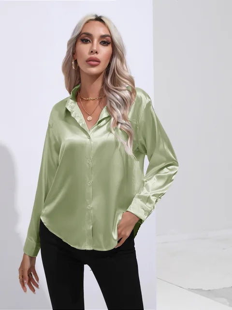 Camicetta in raso da donna Valérie - Elegante camicetta a maniche lunghe, vestibilità ampia e lucida